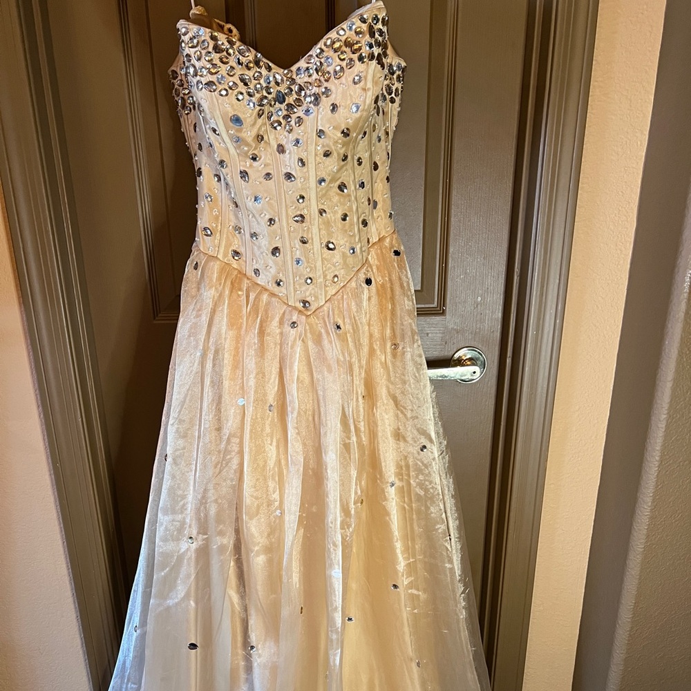 Stunning Champagne Formal Gown Strapless with Rhinestones Lace-Up Back